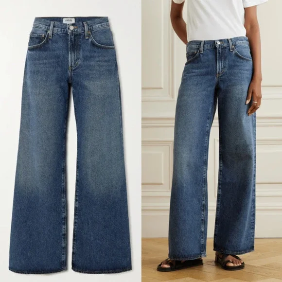 Agolde Clara Jeans Noise 28 Baggy Mid-Rise Flared Wide Leg Organic Jeans Blue - Picture 1 of 11